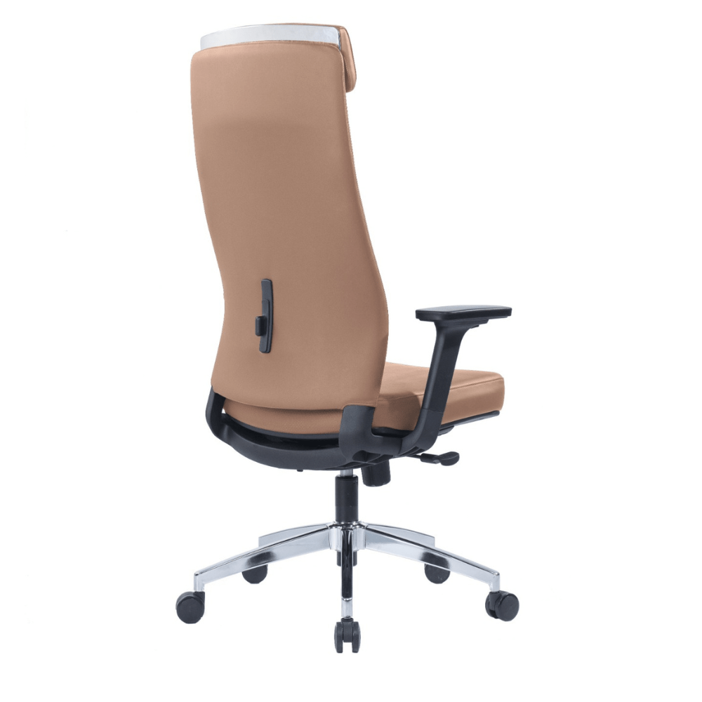 Paco Executive Chair with adjustable headrest, molded foam, armrests, grey nylon base, and 60MM PU casters.