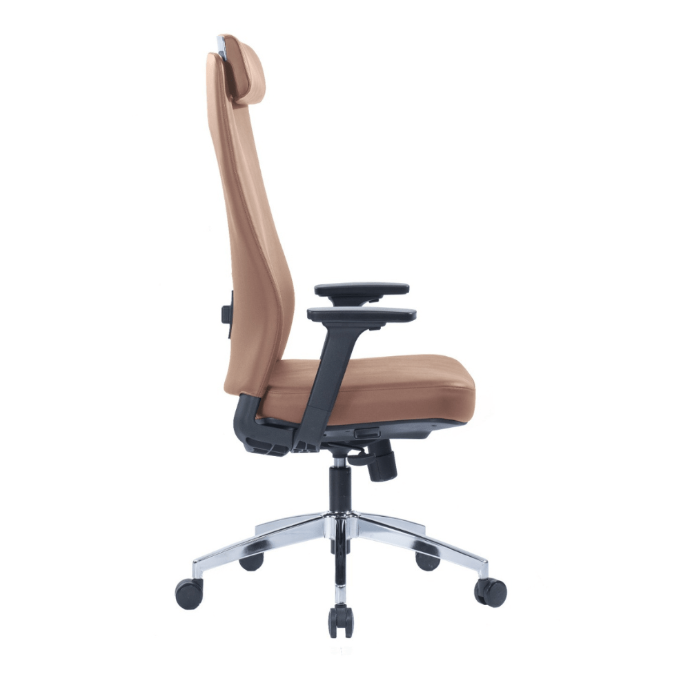 Paco Executive Chair with adjustable headrest and armrest, high back, grey nylon base, and 60MM PU casters.