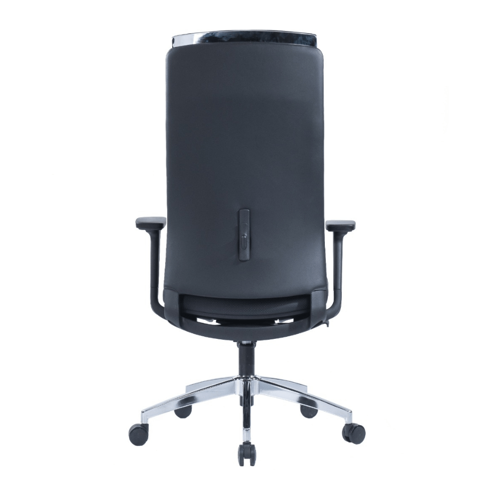 High back black executive chair with adjustable headrest and armrest.