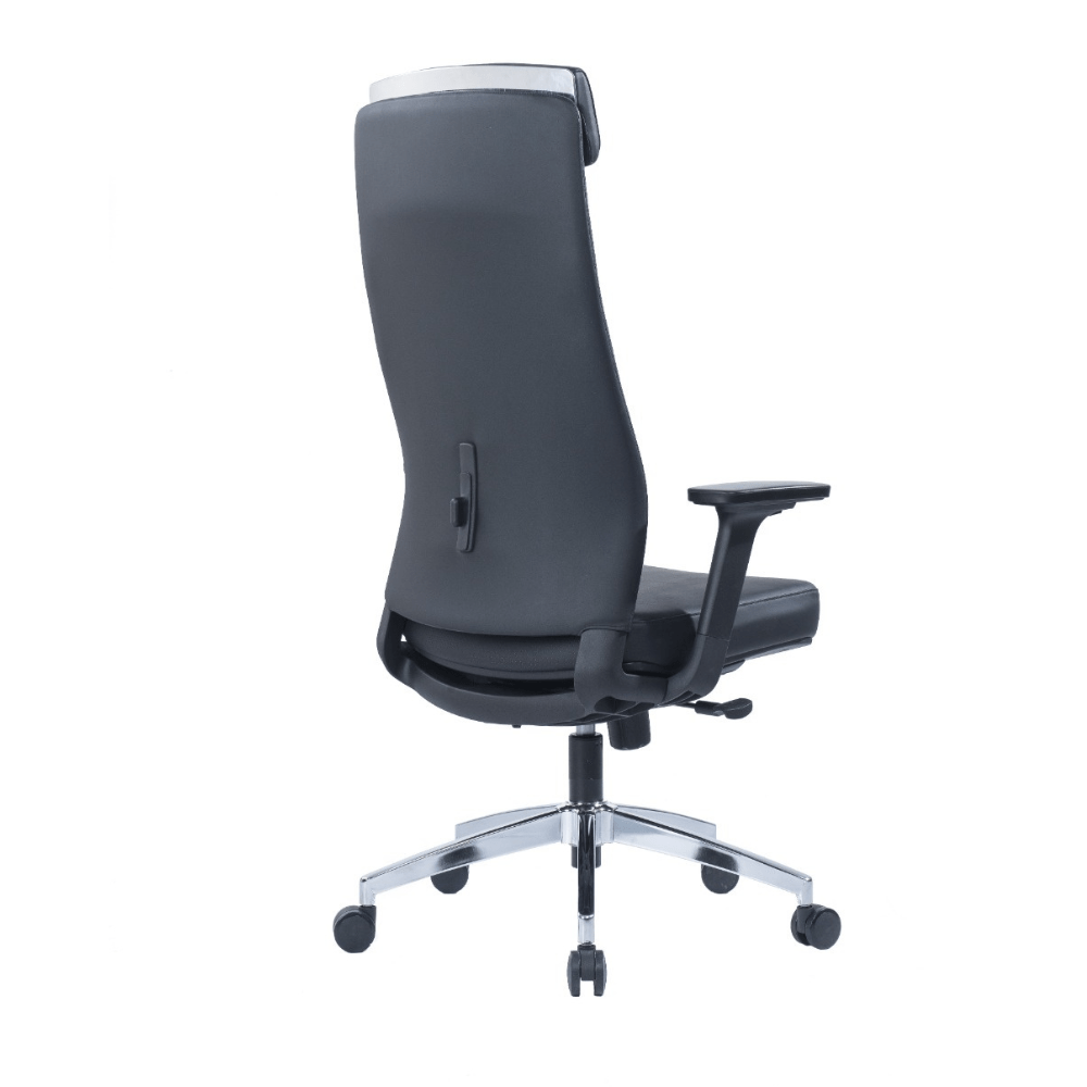 Paco Executive Chair in black with adjustable headrest and armrest, grey nylon base, and PU casters.