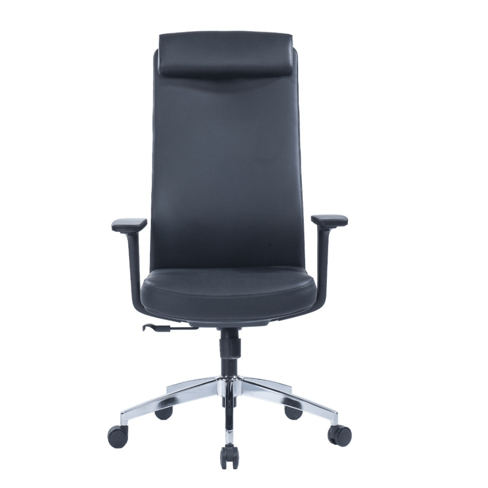 Paco Executive Chair in black with high back, adjustable headrest and armrests, grey nylon base, and 60MM PU casters.
