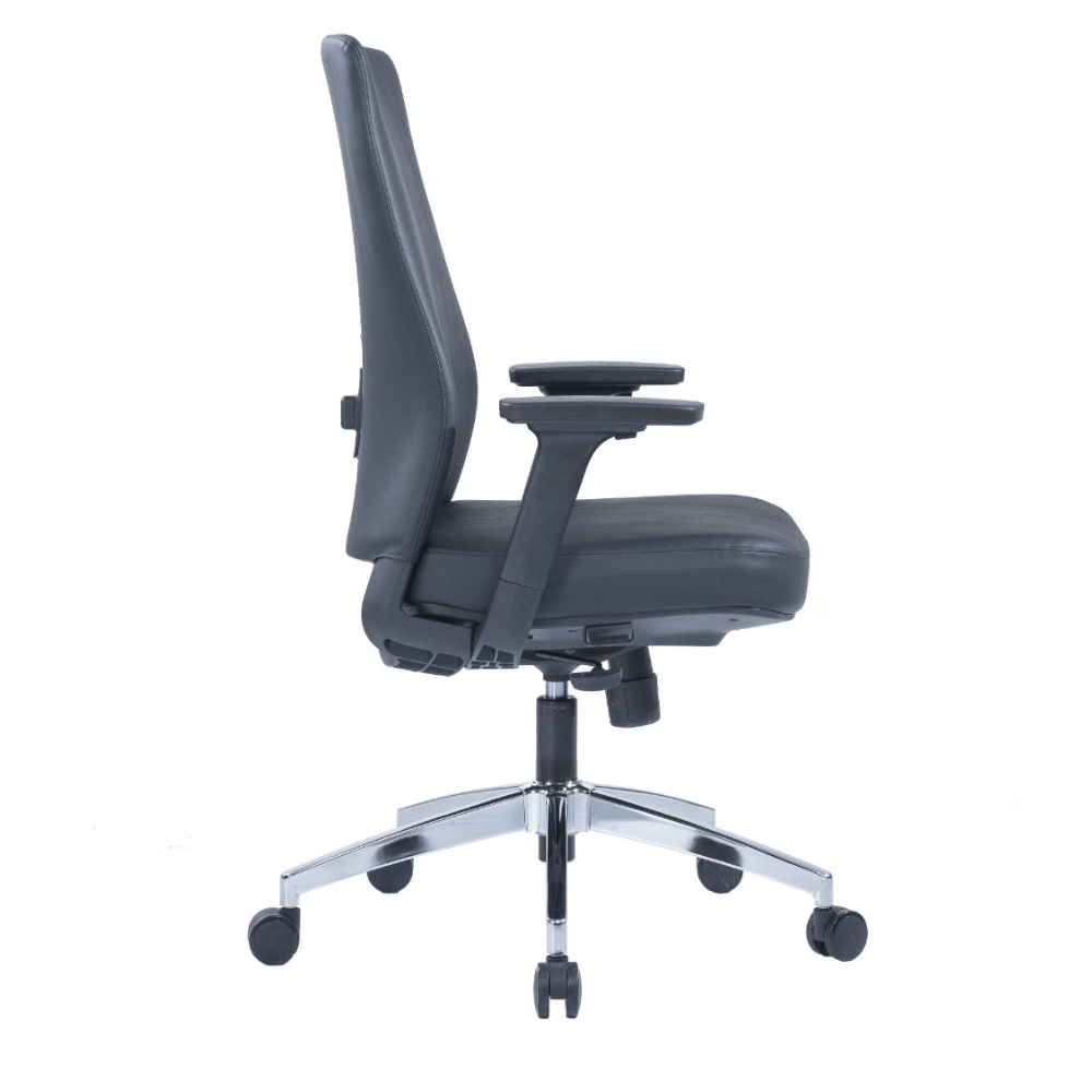 Paco Task Chair (Black) with adjustable armrest, medium back, and grey nylon base.