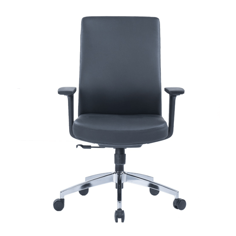 Black Paco task chair with molded foam, adjustable armrests, grey nylon base, and PU casters.